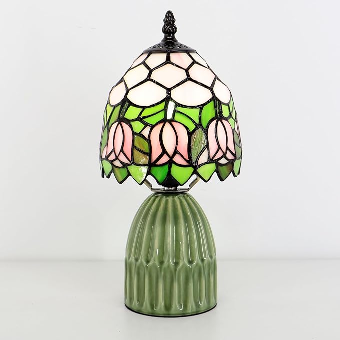 Tiffany Lamp Stained Glass Mushroom Table Lamps 6X6X12.5 Inch Pink Tulip Style Small Night Light Ceramic Base Mini Accent Desk Light Suitable for Bedside Table Bedroom Children Room