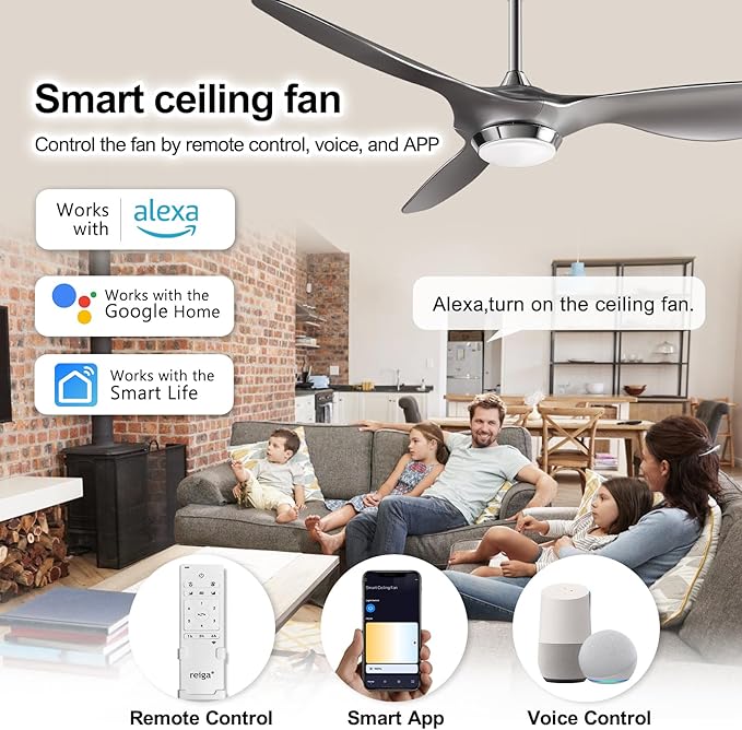 reiga 52 Inch Modern Smart Wifi Ceiling Fan with Light and Remote Control, Living Room Bedroom patio 3 Blade Ceiling Fans with Reversible Mute DC Motor, Silver - Aura Lighting