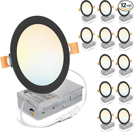 LVWIT Recessed Lighting 6 Inch 12 Pack, Ultra-Thin LED Ceiling Lights 1200LM 2700K-5000K 5CCT Dimmable Canless Recessed Lights Wafer Led Lights for Kitchen Bedroom, ETL,FCC&IC, Black