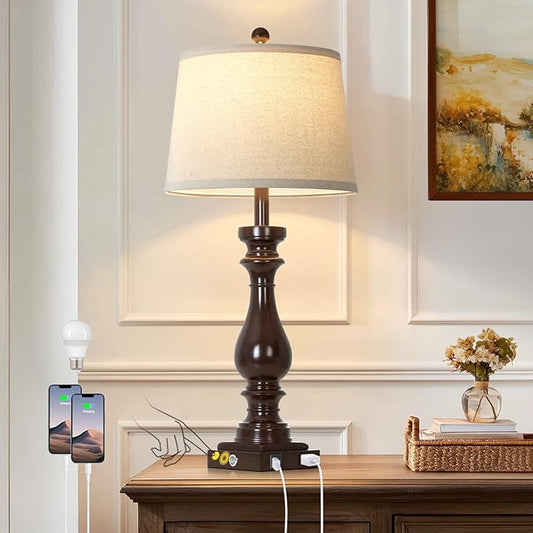 Cinkeda 29" Tall Farmhouse Table Lamp for Living Room,Vintage Retro Nightstand Lamps with USB C+A Ports & AC Outlet,3-Way Dimmable Touch Bedside Lamp for Bedroom Side Table,Single Dark Brown