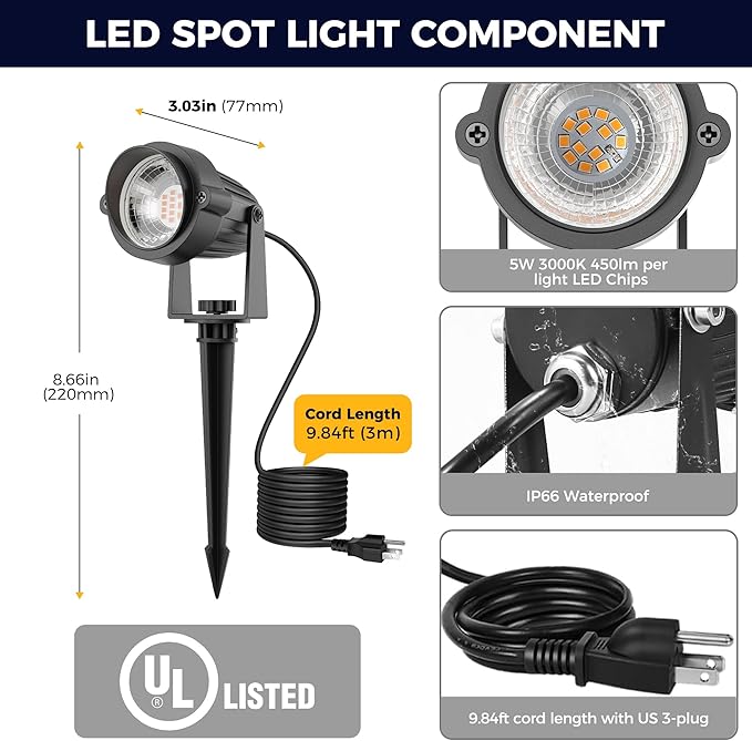 L LOHAS LED Outdoor Landscape Lighting, Auto On/Off 3000K Low Voltage Landscape Lighting, IP66 Waterproof Spot Lights for Yard, Outside, Garden, House, Pathway, Plant, Holiday Decor (10 Pack) - Aura Lighting