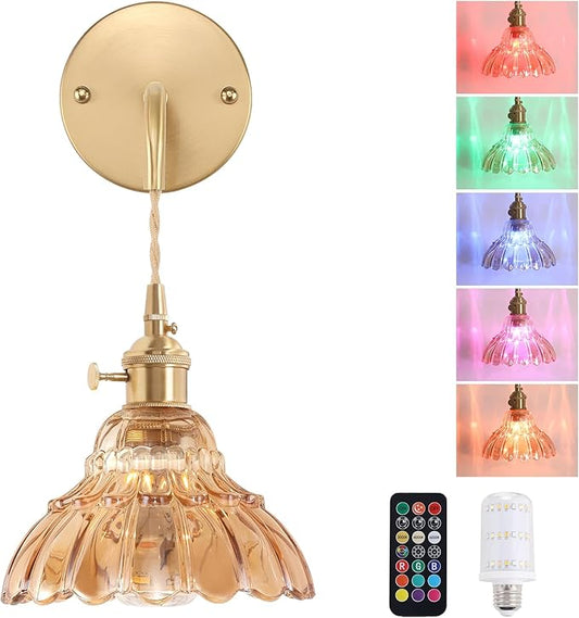 Battery Operated Wall Sconce Wall Lamp with Amber Lily of The Valley Shade Pattern Glass Adjustable Chain Retro Gold Wall Mounted Light, Modern Wall Lamp Fixtures Decor for Bedside Bedroom - Aura Lighting