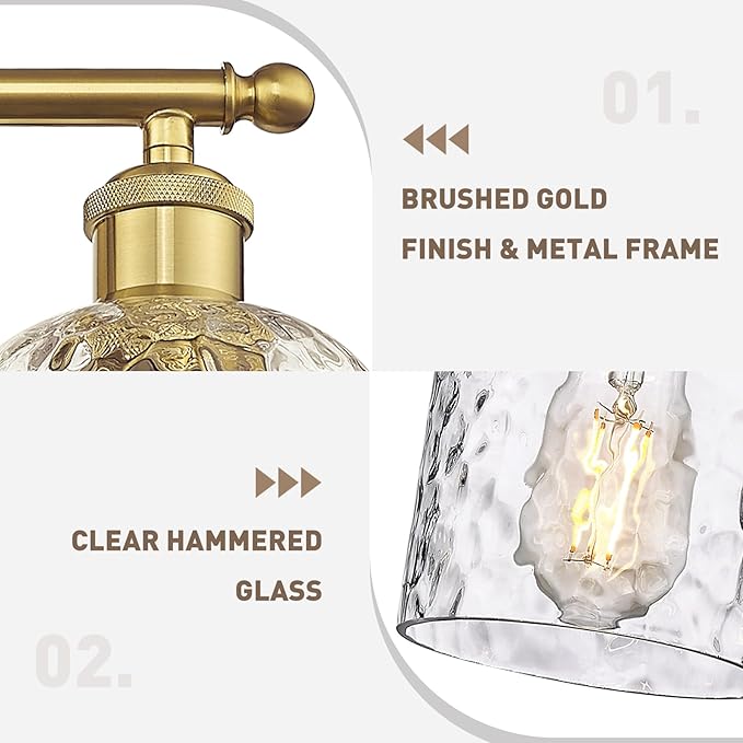 zeyu 42.2'' Modern Bathroom Gold Light Fixture, 6 Light Bathroom Lighting Fixtures Over Mirror Bedroom, Brushed Gold Finish with Clear Hammered Glass, ZJF63B-6W BG