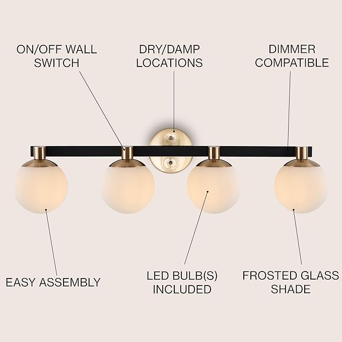 JONATHAN Y 5.75" Brass Gold/Black Modern Globe LED Vanity Wall Sconce Light, White Frosted Glass Shade, Mid-Century Art Deco Wall Lamp for Bathroom, Kitchen, Hallway (JYL3543A)