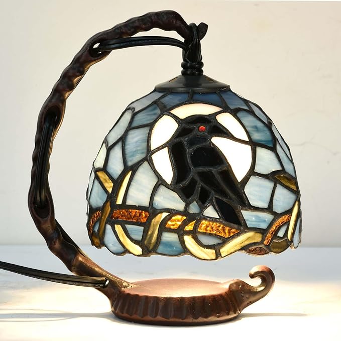 Bieye L12011 Tiffany Style Stained Glass Raven Table Lamp Mini Night Light with Full Moon and Tree Branch Design Bedside Accent Lamp (Dark Blue, 7Wx8H)