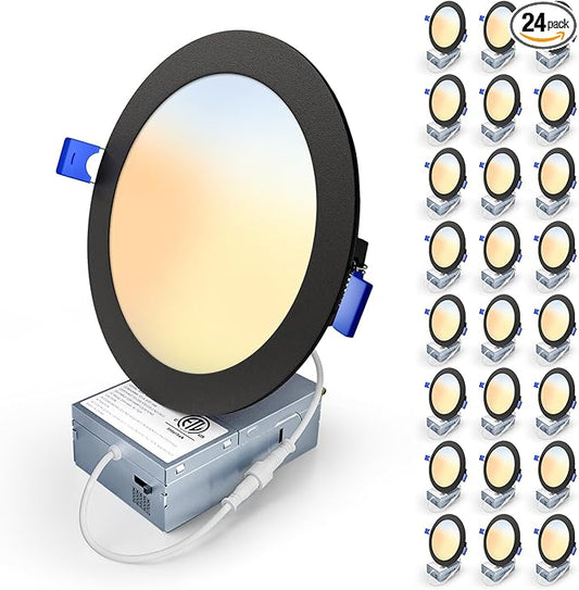 24 Pack 6 Inch 5CCT LED Recessed Light, Silm Canless Recessed Lighting, Dimmable, Damp Rated, 2700K-5000K, Wafer Ceiling Downlight with Junction Box, 1200LM, 12W 120V, Black, ETL&FCC
