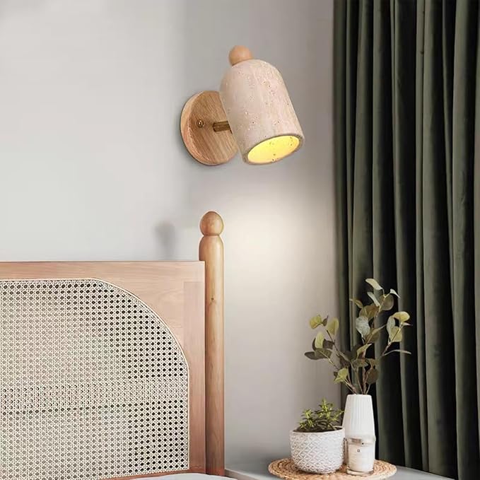 Natural Yellow Travertine Wall Lamp, Adjustable Marble Wall Mounted Light with Wood Base, Japanese Wabi Sabi Style Stone Wall Sconce for Bedroom Bedside Living Room Study(Wood)