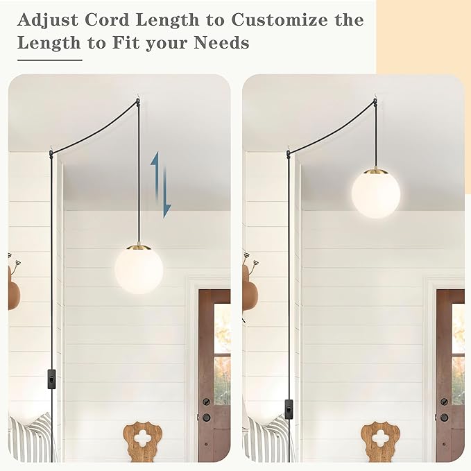 KoKo&Yukina 8" Globe Pendant Light Gold Plug in Pendant Light Adjustable Hanging Lights with Plug in Cord Brushed Gold Finished with Milk Glass Lampshade for Bedroom Kitchen Island（Bulb Included）