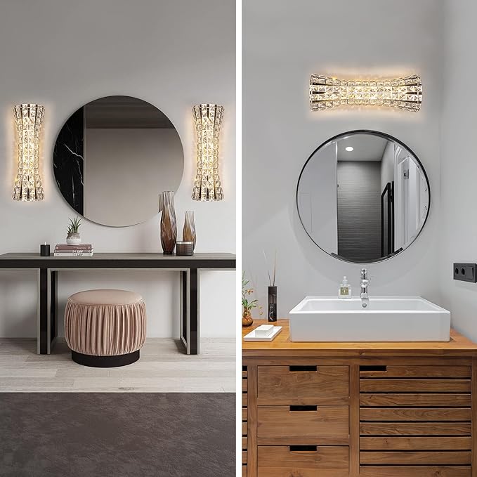 Crystal Wall Sconces,Modern Wall Light Fixtures,Luxury Indoor Chrome Wall Lamp for Living Room Bedroom Bathroom Hallway Doorway Stairway,Bedside,Tricolor Vanity Lighting Fixture - Aura Lighting