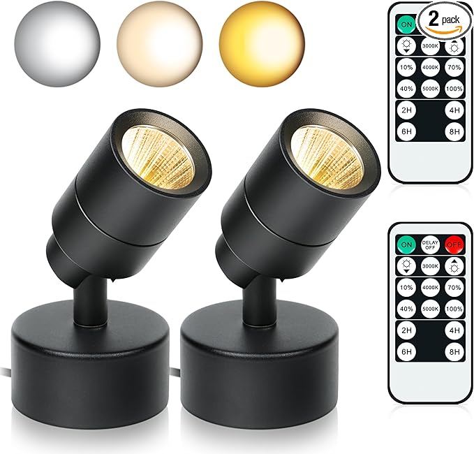 2 Pack LED Spotlights Indoor, 5W Plants Uplighting with Remote Control Dimmable & Timer, Uplights Indoor Floor Spot Lights for Picture, Artwork, Accent Stick on Wall Light with 5.9 FT Plug Cord