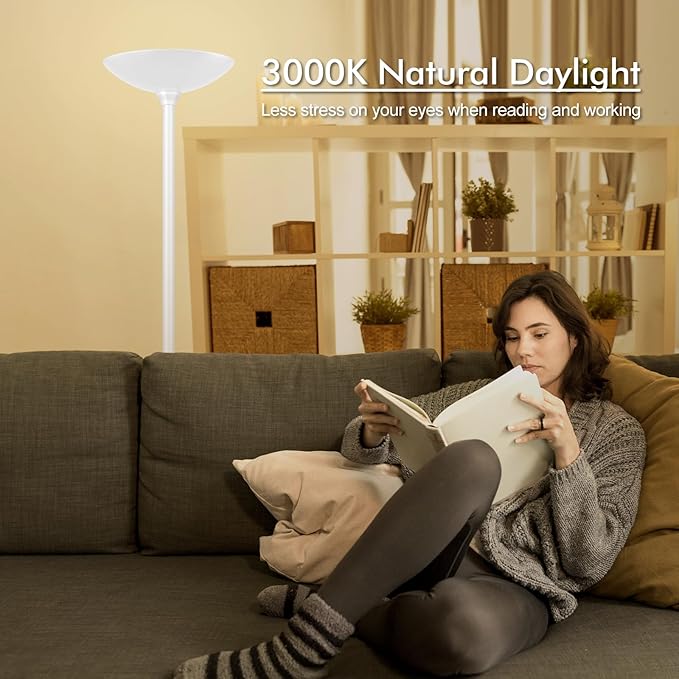 30W Torchiere Floor Lamp - 3600LM Super Bright LED Floor Lamp, 71 Inch Stepless Dimmable Standing Lamp with 3000K Lighting, Rotary Switch, Tall Metal Torch Floor lamps for Living Room/Bedroom (White) - Aura Lighting
