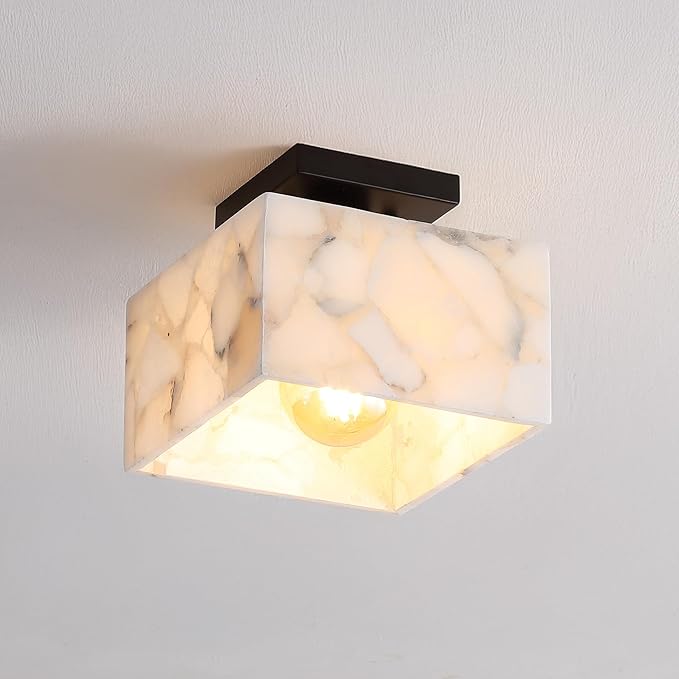 JONATHAN Y 5" White Marbling/Black Modern 1-Light Semi Flush Mount Ceiling Light for Bedroom, Cube White Alabaster Marble Shade, Mid-Century Minimalist Fixture, LED Bulb Included (JYL1203B)