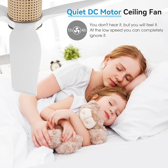 48" Ceiling Fan No Light - Low Profile Flush Mount Ceiling Fan, 6-Speed Remote Control, Solid Wood, Quiet Reversible DC Motor, White/Gold Finish, for Bedroom, Living Room, Porch - Aura Lighting