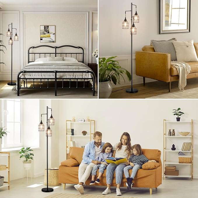 Sucolite 70" Dimmable Floor Lamp for Living Room, Industrial 3-Light Tree Floor Lamp Black with Cages, Farmhouse Rustic Tall Standing Lamp Floor Lighting for Bedroom Office, 3 Free LED Edison Bulbs