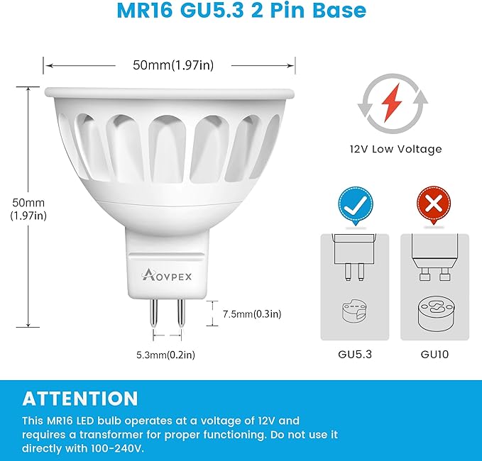 10 Pack Dimmable MR16 LED Bulbs, 12V 5W(50-Watt Equivalent), 5000K Daylight White, GU5.3 Bi-Pin Base, 40-Degree, Indoor/Outdoor Landscape Spotlight Track Recessed Lighting