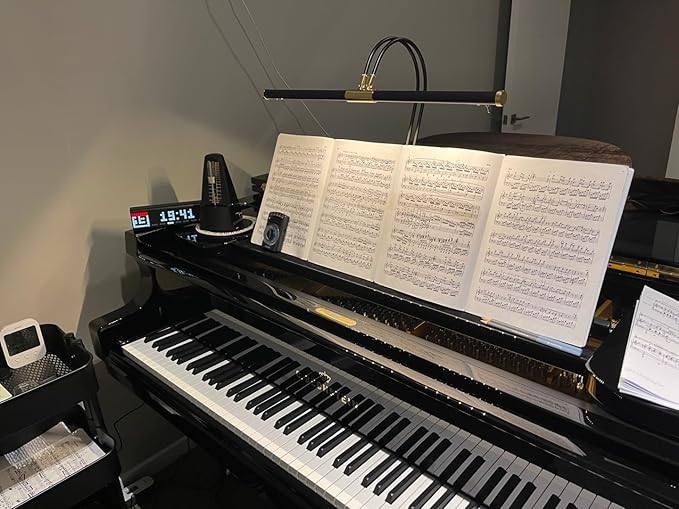 Cocoweb 22" LED Grand Piano Light in Black with Satin Nickel Accents and Dimmer Clip - Adjustable - LED - Bright - Clamps onto Music Boards .75" or Less - Dual Rotating Shades - Dimmable - Aura Lighting