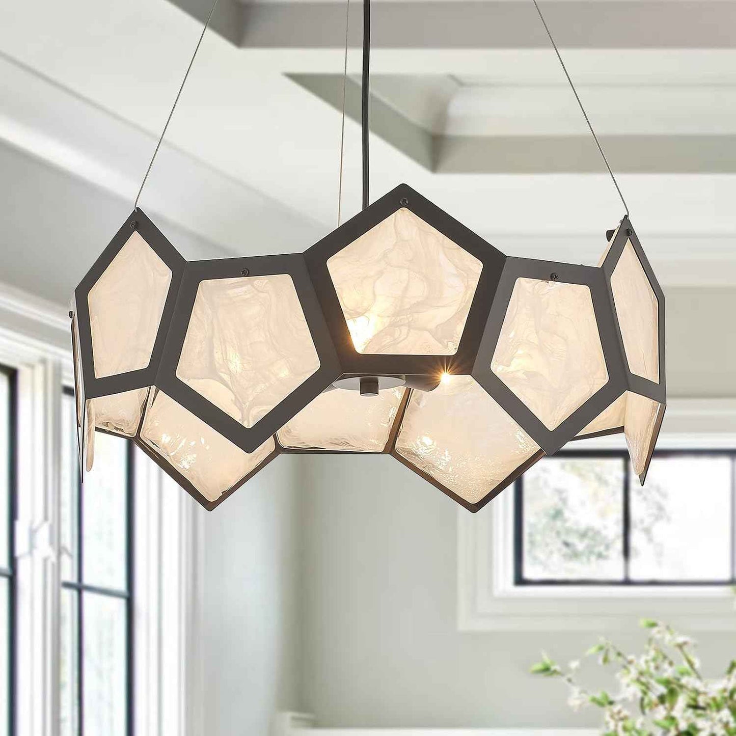 Black Modern Chandelier for Dining Room, 5-Light Glass Chandeliers for Bedroom, Drum Pendant Light Fixtures for Entryway Living Room Hallway Foyer