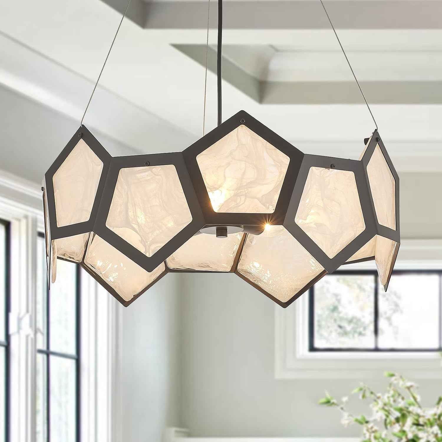 Black Modern Chandelier for Dining Room, 5-Light Glass Chandeliers for Bedroom, Drum Pendant Light Fixtures for Entryway Living Room Hallway Foyer