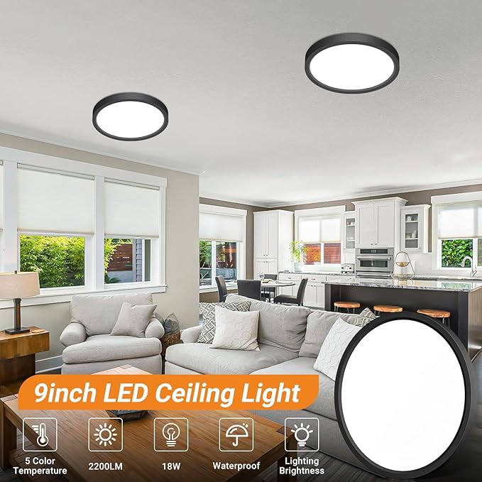 slochi 4Pack LED Flush Mount Ceiling Light Fixture, 9 Inch 18W, 2200LM, Super Slim 0.7 Inch, 3000K-6500K Adjustable Low Profile LED Ceiling Lights for Bathroom, Closet, Hallway(Black)