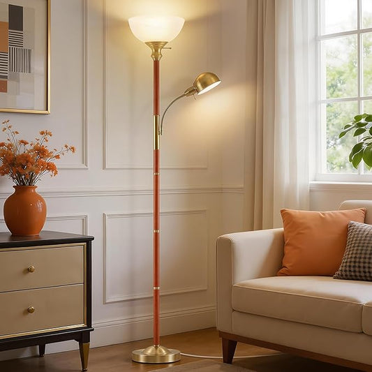 EJIAXIN Wood Floor Lamp for Living Room - Gold Torchiere Floor Lamps for Bedroom Standing Lamp with Glass Shade - Mid Century Modern Corner Tall Lamps for Home Office Nursery Reading Light,2 Head