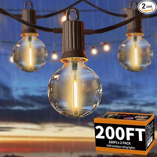 ZOTOYI Outdoor String Lights Waterproof IP65, 200 FT Outdoor Lights for Patio with 104 Shatterproof G40 Bulbs(4 Spare), LED String Lights for Outside, Cafe, Porch, Backyard, Dimmable (2-Pack 100FT)