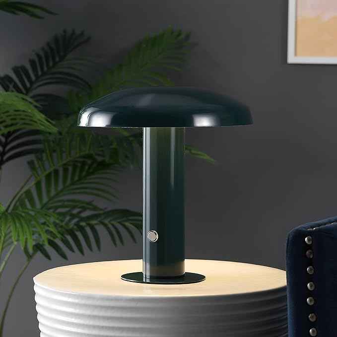 JONATHAN Y 11" Forest Green Rechargeable LED Mushroom Table Lamp, Cordless Portable Dimmable Mid-Century Modern Accent Lamp, with Metal Shade, Touch Sensor (JYL7114D)