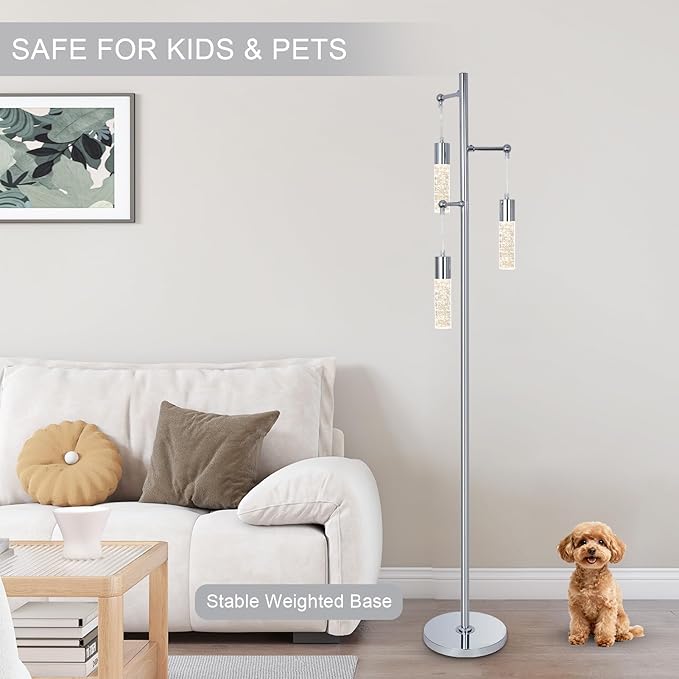 Bubble Crystal Floor Lamps for Living Room, Industrial Modern Standing Lamp with 3 Built-in LED Lights, ON/Off Foot Switch, 65IN Tall Tree Floor Lamp for Bedroom Corner Home Office, Silver