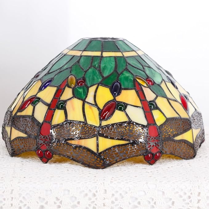 Tiffany Lamp Shade Replacement 12X6 Inch Stained Glass Lampshade Only 1-5/8-Inch Fitter Opening for Arched Floor Lamp, Torchiere Lamp, Pendant Light (Green Yellow)