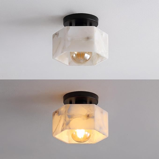 JONATHAN Y 8" White Marbling/Black Modern 1-Light Hexagonal LED Semi Flush Mount Ceiling Light, White Alabaster Marble Shade, Glam Lamp for Hallway, Bedroom, Bathroom, LED Bulb Included (JYL1204B)