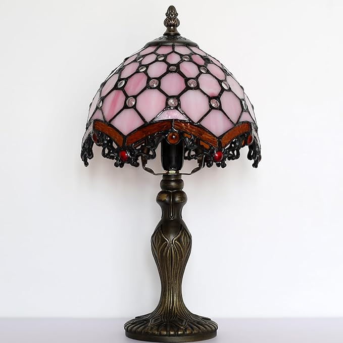 Tiffany Style Lamp Stained Glass Table Lamp 8 x 14.5” Mini Accent Light Pink Beads Design Small Decorative Bedside Reading Memory Lamp