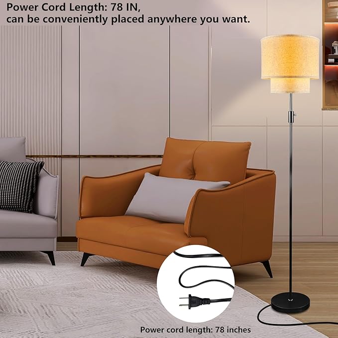 Lightdot 67IN LED Floor Lamp for Living Room, LED Standing Floor Lamps with Double Fabric Shade, E26 Bulb Included, Vintage Corner Lighting, Mid Century Floor Lamp for Bedroom Home Office-Black - Aura Lighting