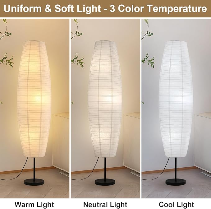 Paper Floor Lamp, White Rice Paper Lamp, 3-Lights, 3 Color Temperature LED Bulbs Included, 54.5in Wabi Sabi Japanese Lantern Standing Light, for Living Room Bedroom Office, 1 Pack