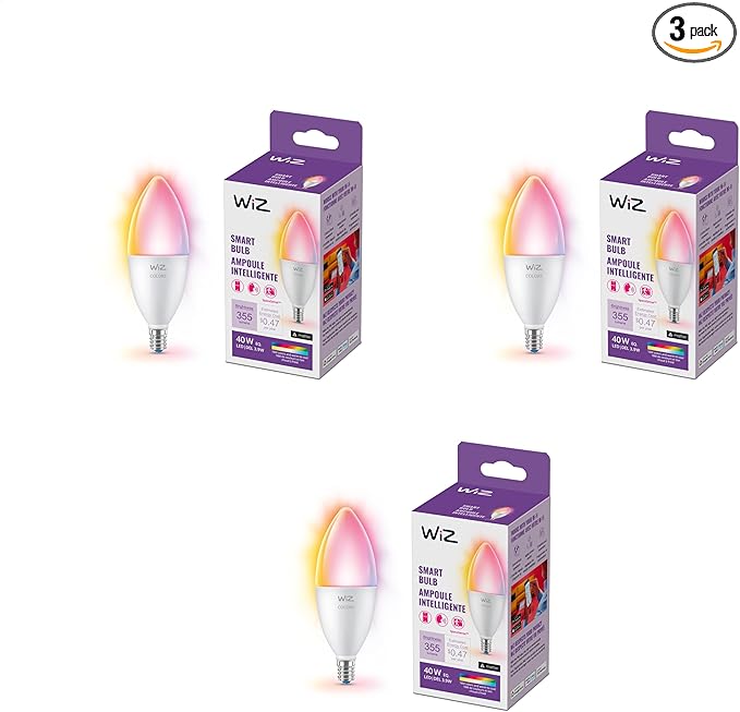 WiZ Connected 40W B12 LED Smart Light Bulbs - 3 Pack - Connects to Your Wi-Fi - E12 Smart Bulb - Control with Voice or App + Activate with Motion - Matter Compatible