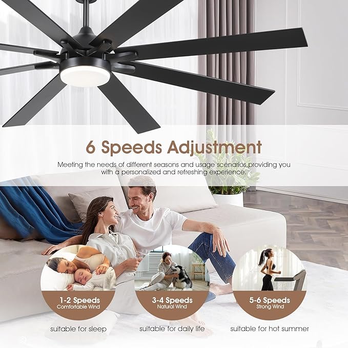 72 Inch Large Ceiling Fans with Lights and Remote, Indoor/Outdoor Black Modern Industrial Ceiling Fan with light for Living Room Patios Porch, Reversible Quiet Motor, 8 Dual Finish Blades