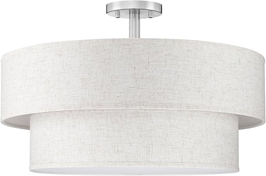 2-Tier 22" Cream Drum Fabric 5 Light Brushed Nickel Semi Flush Mount Ceiling Light for Living Room Dining Room Bedroom Hallway - Aura Lighting