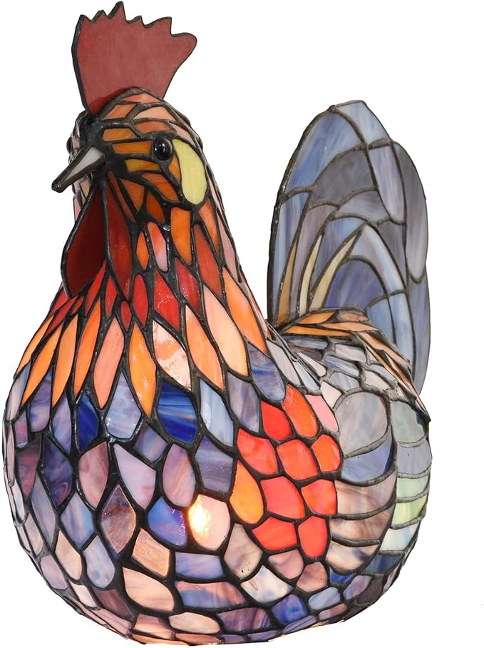 Bieye L10834 Colorful Rooster Tiffany Style Stained Glass Accent Table Lamp Night Light for Bedside Living Room Decoration