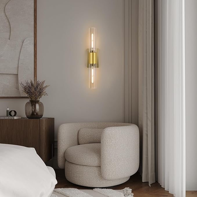 21" Gold Wall Sconces Set of Two, 2-Light Bathroom Sconces Vanity Light Tube Sconce, Clear Glass Indoor Hardwired Mounted Wall Lighting for Living Room,Bedroom,Hallway-Gold Clear (Bulb Not Included) - Aura Lighting