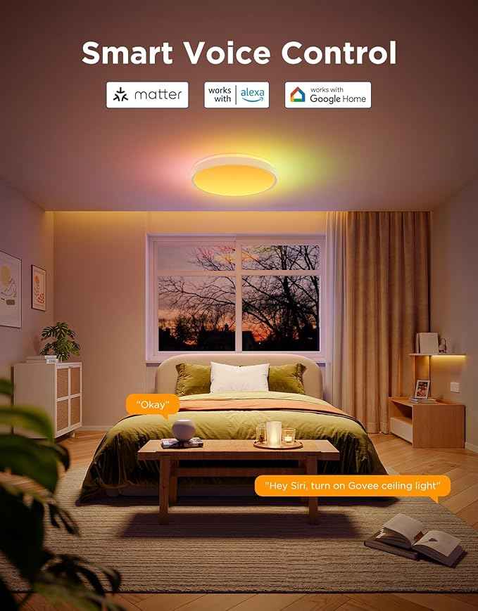 Govee Smart Ceiling Light 4300LM, RGBIC LED Ceiling Light Fixture Works with Matter, Flush Mount Light Fixture, DIY Colors, 2700K-6500K Dimmable for Bedroom, Living Room, 15 Inch, 1 Pack