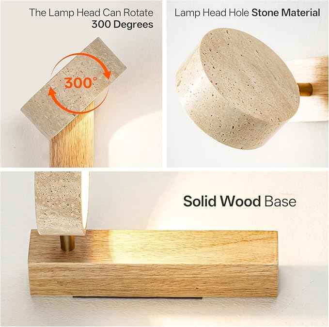 Natural Travertine Bathroom Vanity Light, 300° Swivel Japandi Ash Wood LED Wall Sconce, Warm Travertine Stone Farmhouse Mirror Lighting Fixtures, Modern Rustic Wall Lamp for Powder Room Bedroom(110V)