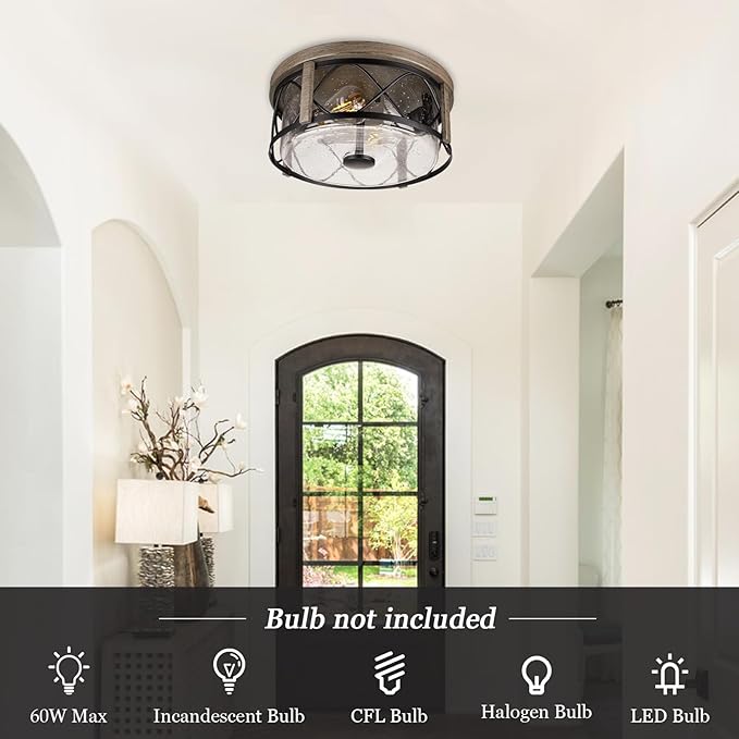 Rustic Close to Ceiling Light Fixtures, Farmhouse Wood Grain Flush Mount Ceiling Lighting, Metal Cage Lighting with Seeded Glass for Home Kitchen Dining Room Bedroom Hallway Entryway Foyer