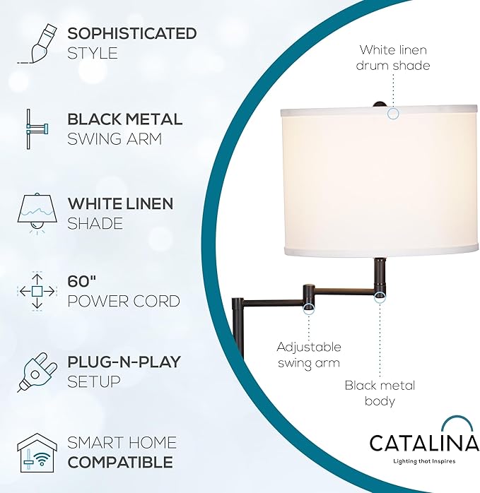Catalina Lighting 24288-000 Traditional Swing Arm Floor Lamp for Office, Living Room, Dorm or Bedroom, Smart Home Compatible, Bulb Not Included, 60", Black