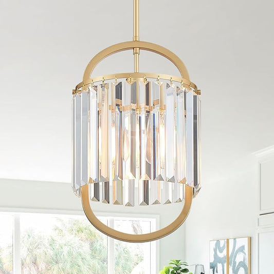 1-Light Modern Small Crystal Chandelier, Mini Gold Pendant Lighting 9.4" Crystal Lamp for Closet Bedroom Foyer Living Room Dining Room Bar