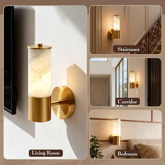 Wall Sconces Modern Sconces Wall Lighting Vanity Light Fixtures with Marble lampshade, Black Wall Mount Lights for Living Room Corridor Mirror Bedroom Stairs(Bulb Include) (Gold, 1 pcs)