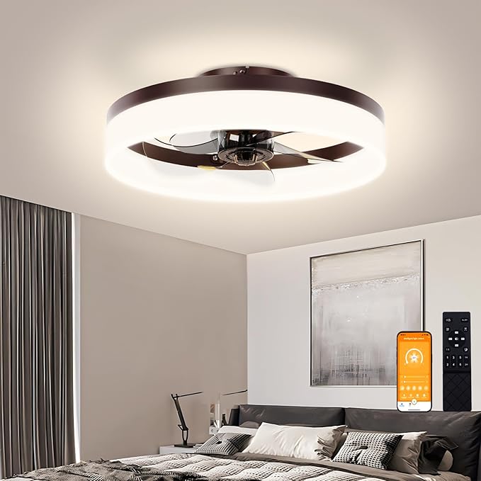 VOLISUN Low Profile Ceiling Fans with Lights and Remote,15.7in Modern Ceiling Fan Flush Mount, 3000K-6500K Dimmable Bladeless LED Fan Light,Brown Fandelier Ceiling Fans with Lights for Bedroom - Aura Lighting
