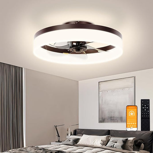 VOLISUN Low Profile Ceiling Fans with Lights and Remote,15.7in Modern Ceiling Fan Flush Mount, 3000K-6500K Dimmable Bladeless LED Fan Light,Brown Fandelier Ceiling Fans with Lights for Bedroom - Aura Lighting