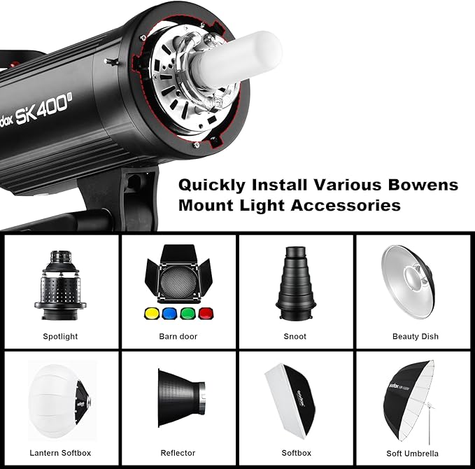 Godox 3 Pack SK400II 1200W Studio Strobe Flash Kit, 400W Bowens Mount Monolight, 24”x36” Softbox, 110" Light Stand, Umbrella, Barn Door, Carrying Case for Video Shooting,Prodoct, Portrait Photography - Aura Lighting