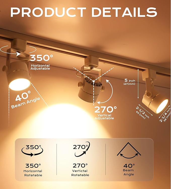 CLOUDY BAY 8W 3000K Warm White Dimmable LED Track Light Head,CRI90+ True Color Rendering Adjustable Tilt Angle Track Lighting Fixture,40° Angle for Accent Retail,White Finish,Halo Type- Pack of 6 - Aura Lighting