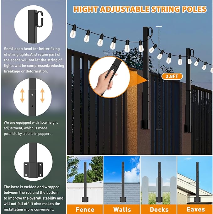 zoegi 10 Pack 2.8FT String Light Poles,Light Poles for Outside Lights with Fork,Outdoor Brackets Hanging Lights,Metal Stand for Deck Patio,Backyard,Wedding,Deck,Party