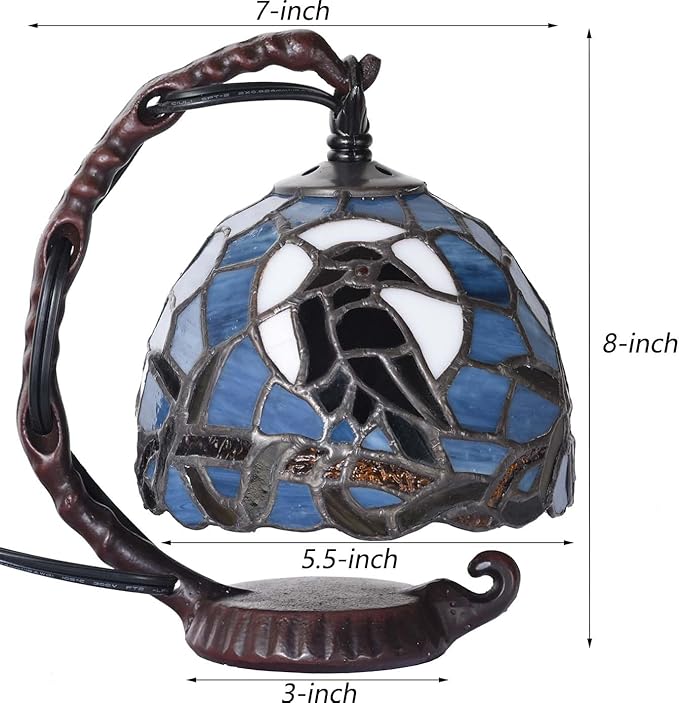 Bieye L12011 Tiffany Style Stained Glass Raven Table Lamp Mini Night Light with Full Moon and Tree Branch Design Bedside Accent Lamp (Dark Blue, 7Wx8H)