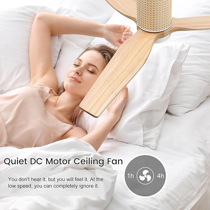 52" Ceiling Fan with Light - Low Profile Flush Mount Ceiling Fan, 6-Speed Remote Control, Solid Wood, Quiet Reversible DC Motor, Wood/White Finish, for Bedroom, Living Room, Porch - Aura Lighting